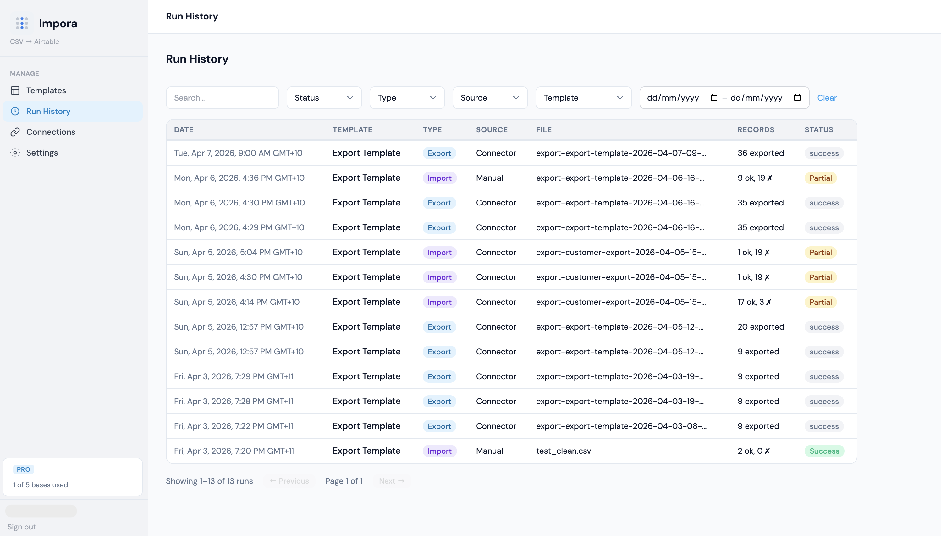 Impora run history showing import and export runs, sources, files, record counts, and status