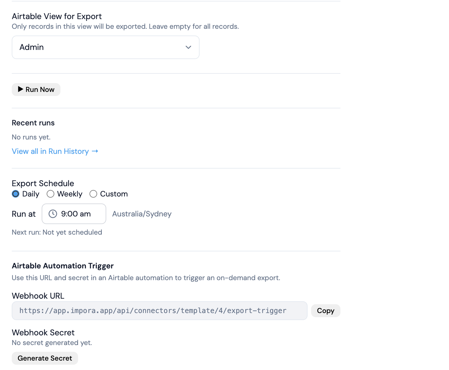 Impora OneDrive connector automation settings for Airtable imports and exports