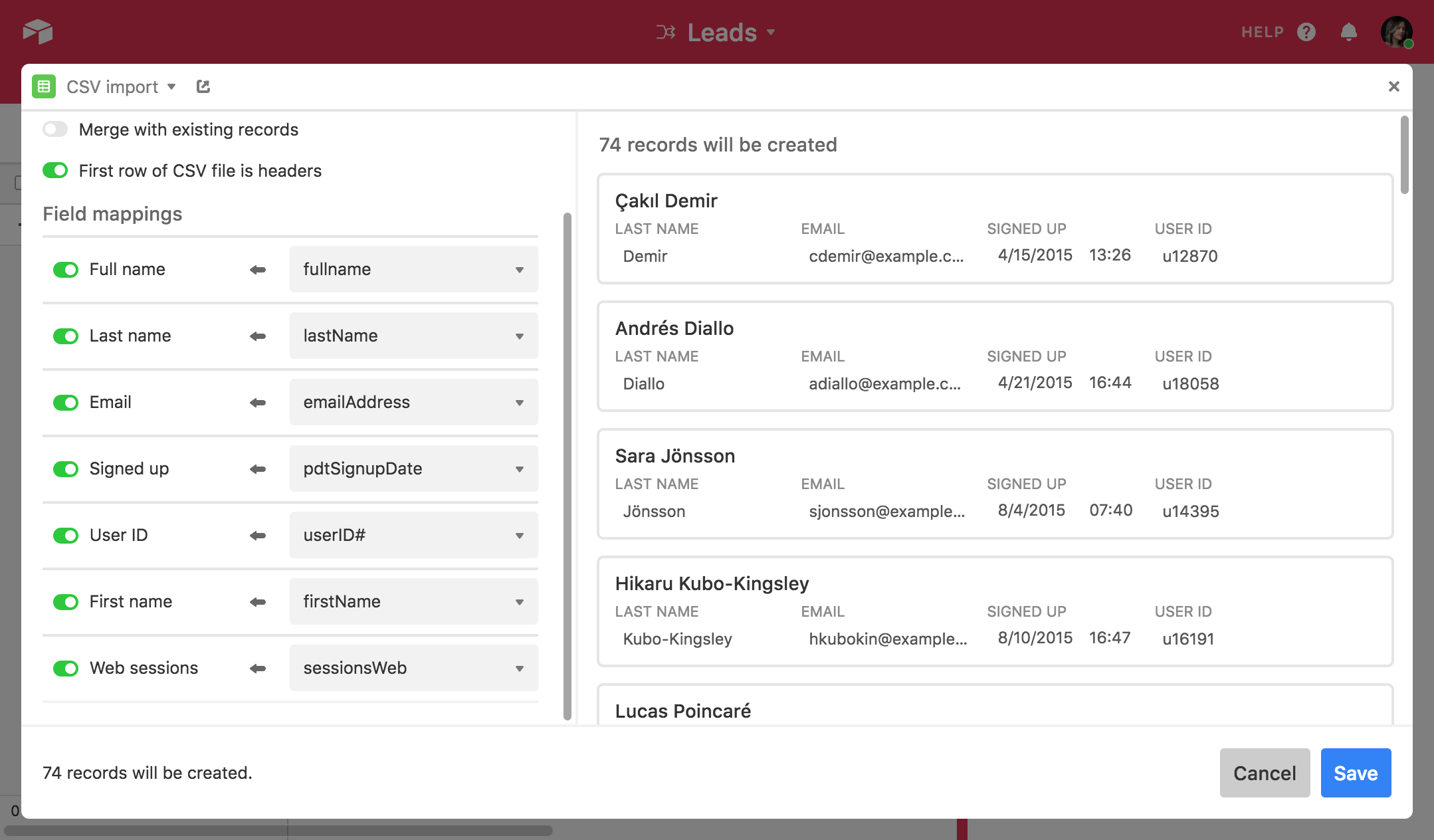 Airtable's native CSV import extension showing manual field-by-field mapping