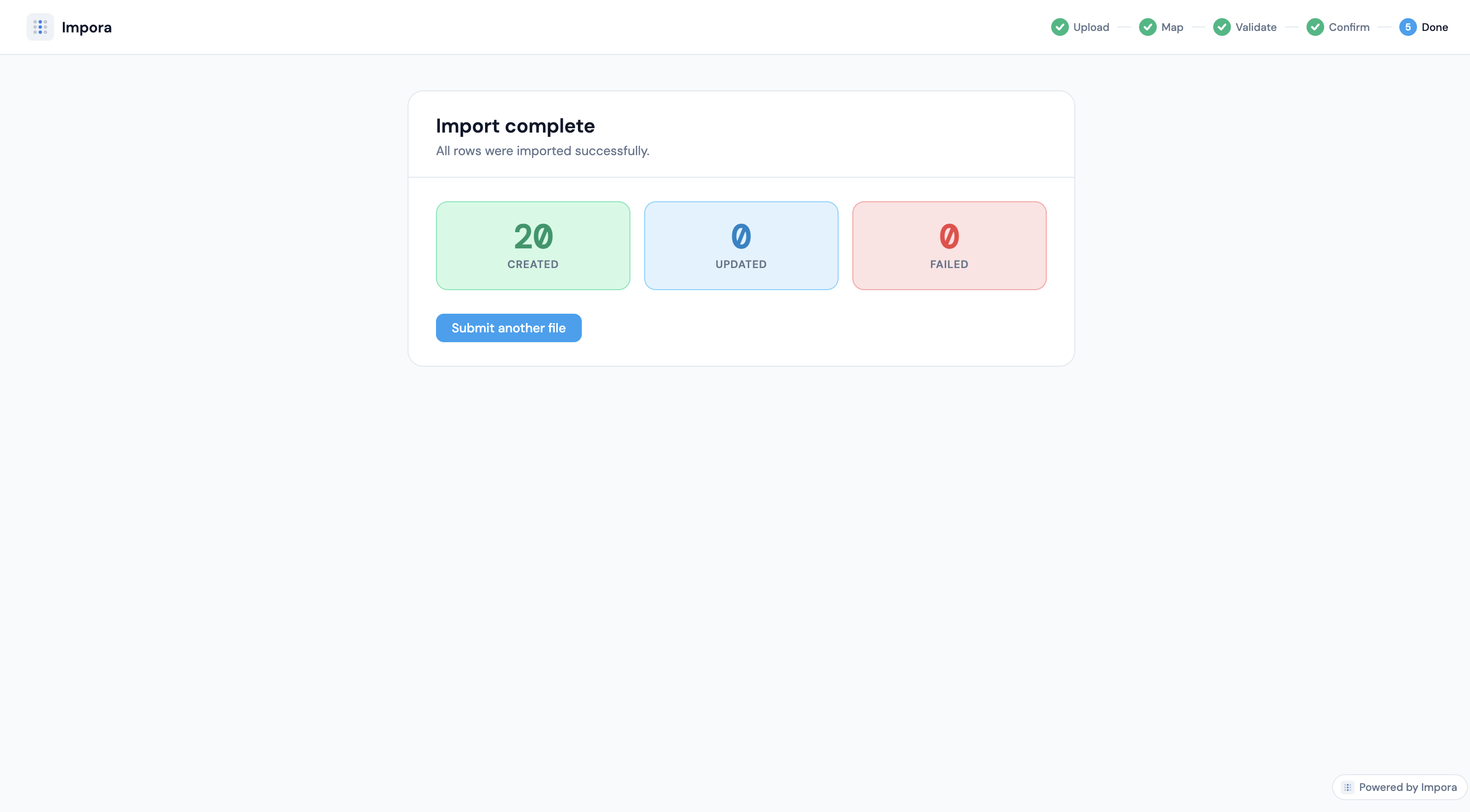 Impora import results showing successful record creation