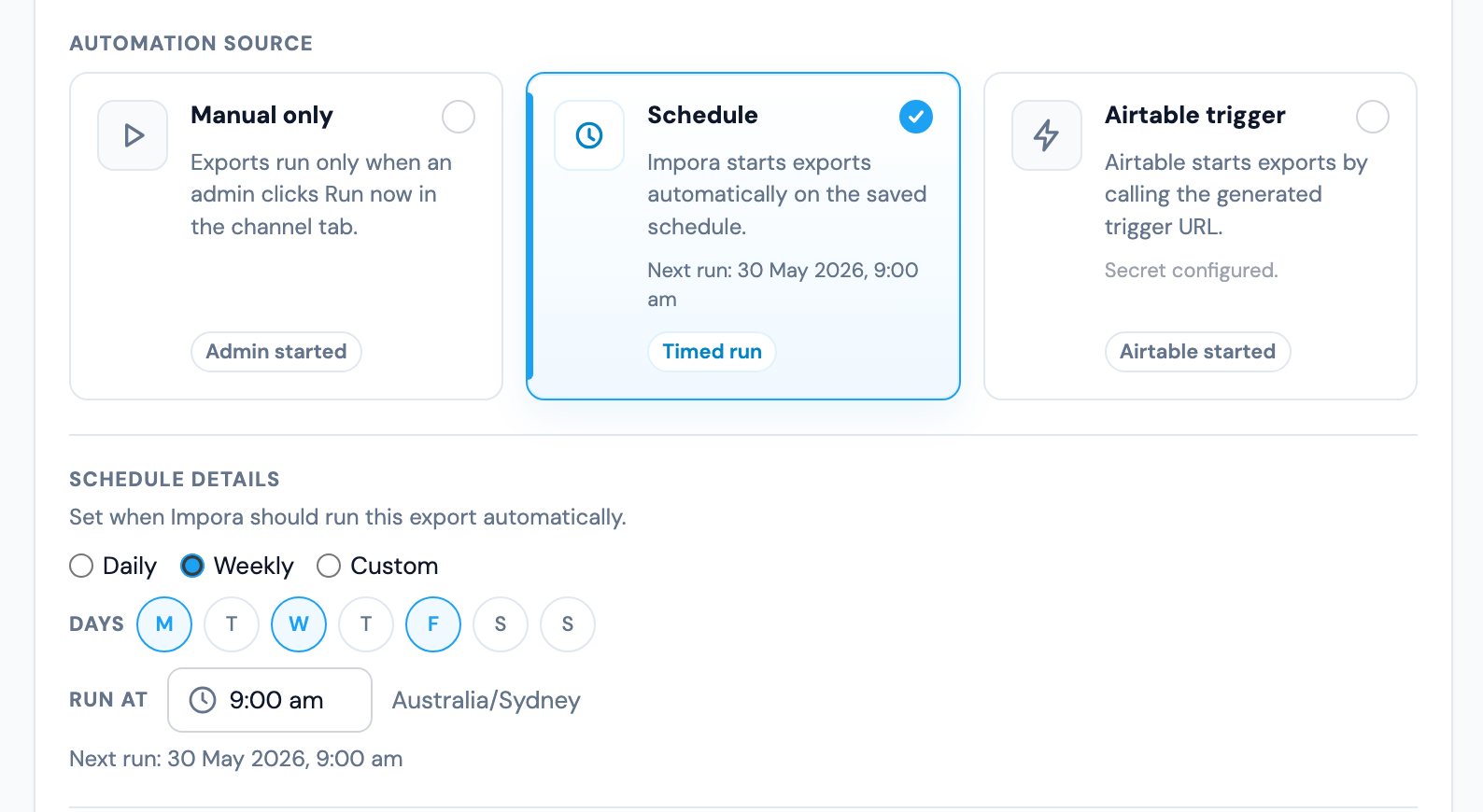 Impora automation source settings showing manual runs, scheduled runs, Airtable-triggered runs, and schedule details