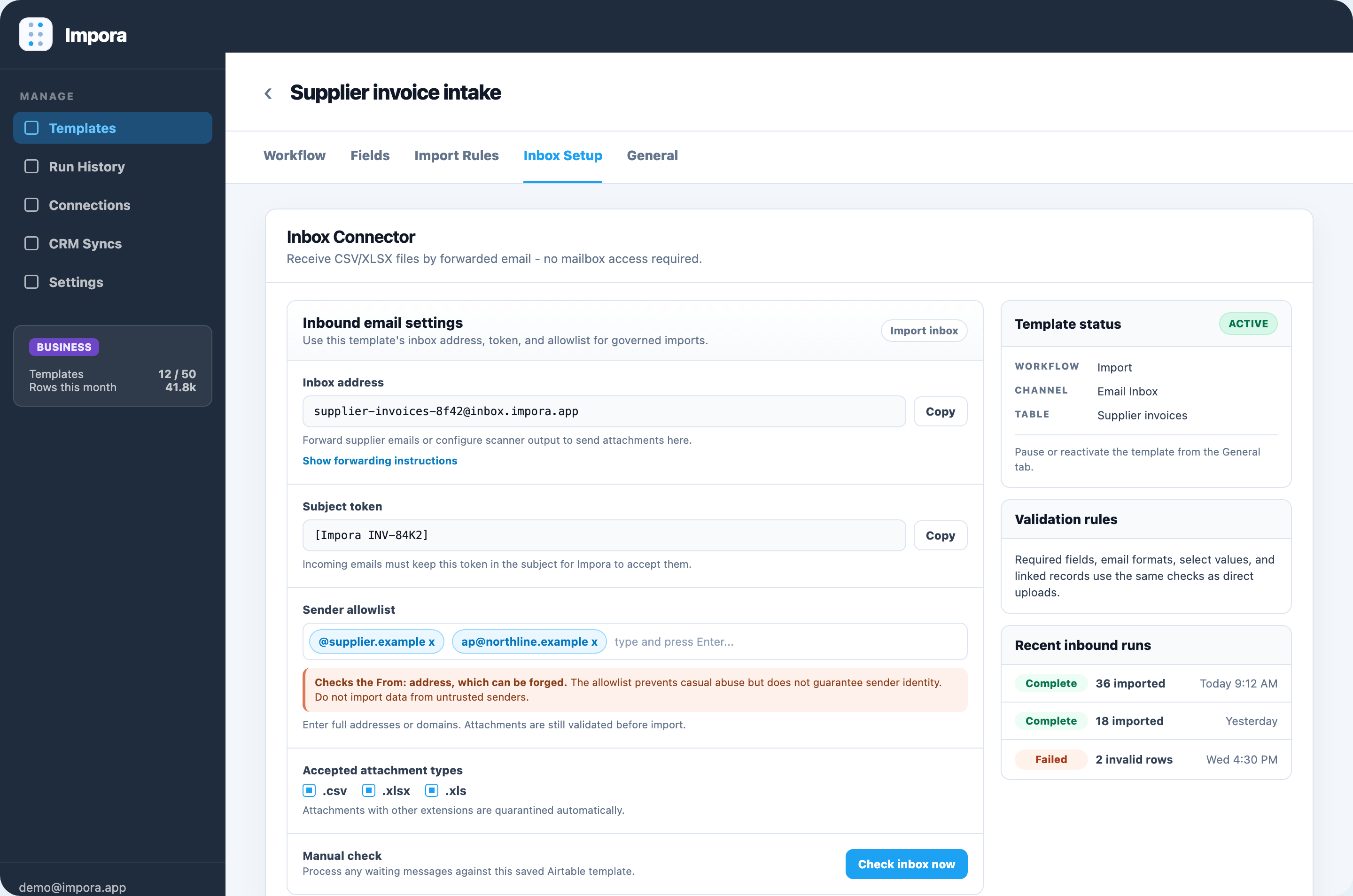Impora Inbox Setup UI showing inbound email settings, inbox address, subject token, sender allowlist, accepted attachment types, status, validation rules, and recent inbound runs