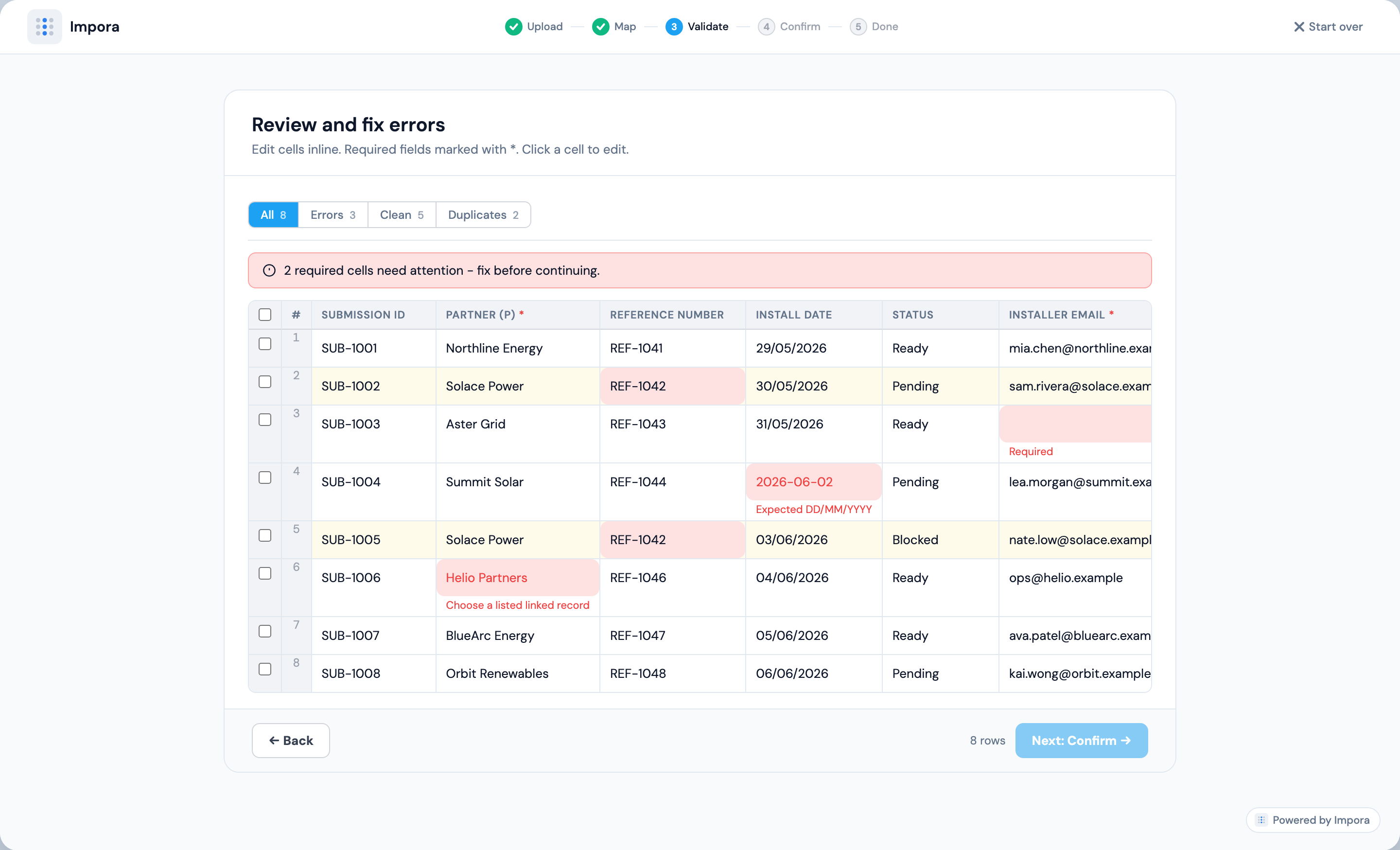 Impora validation review UI showing required errors, duplicates, and inline row fixes before records move