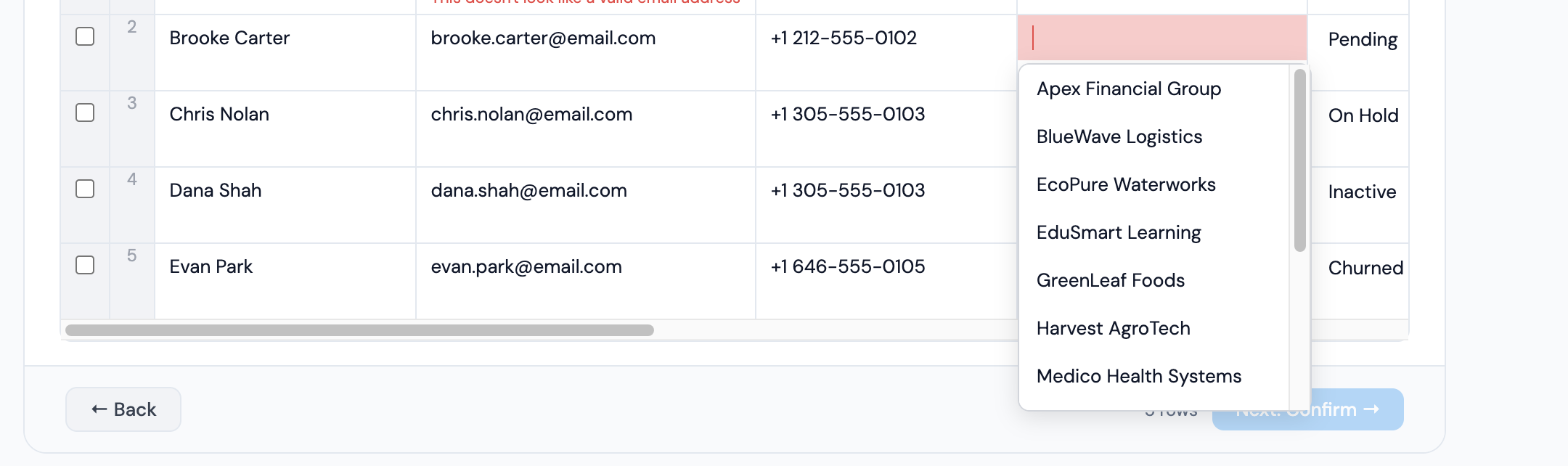 Impora linked-record UI with live matches, typeahead suggestions, and validation statuses