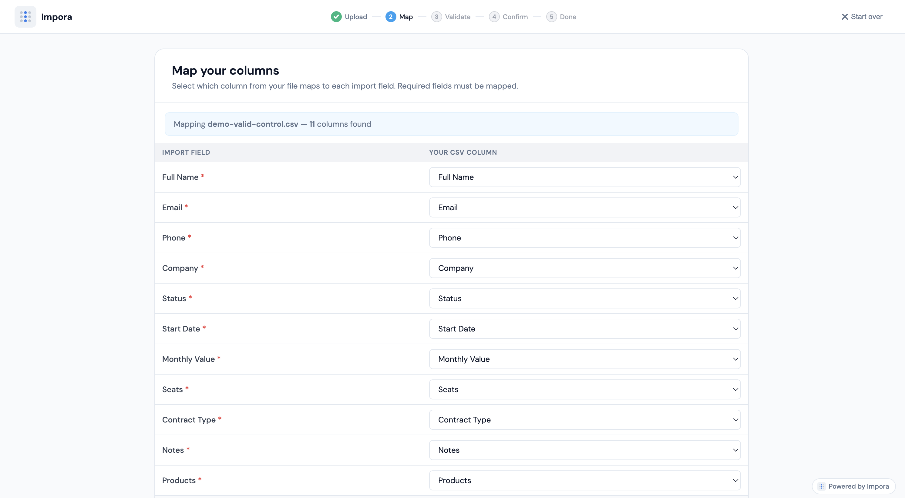 Impora column mapping UI with Airtable fields, required field badges, and auto-matched spreadsheet columns