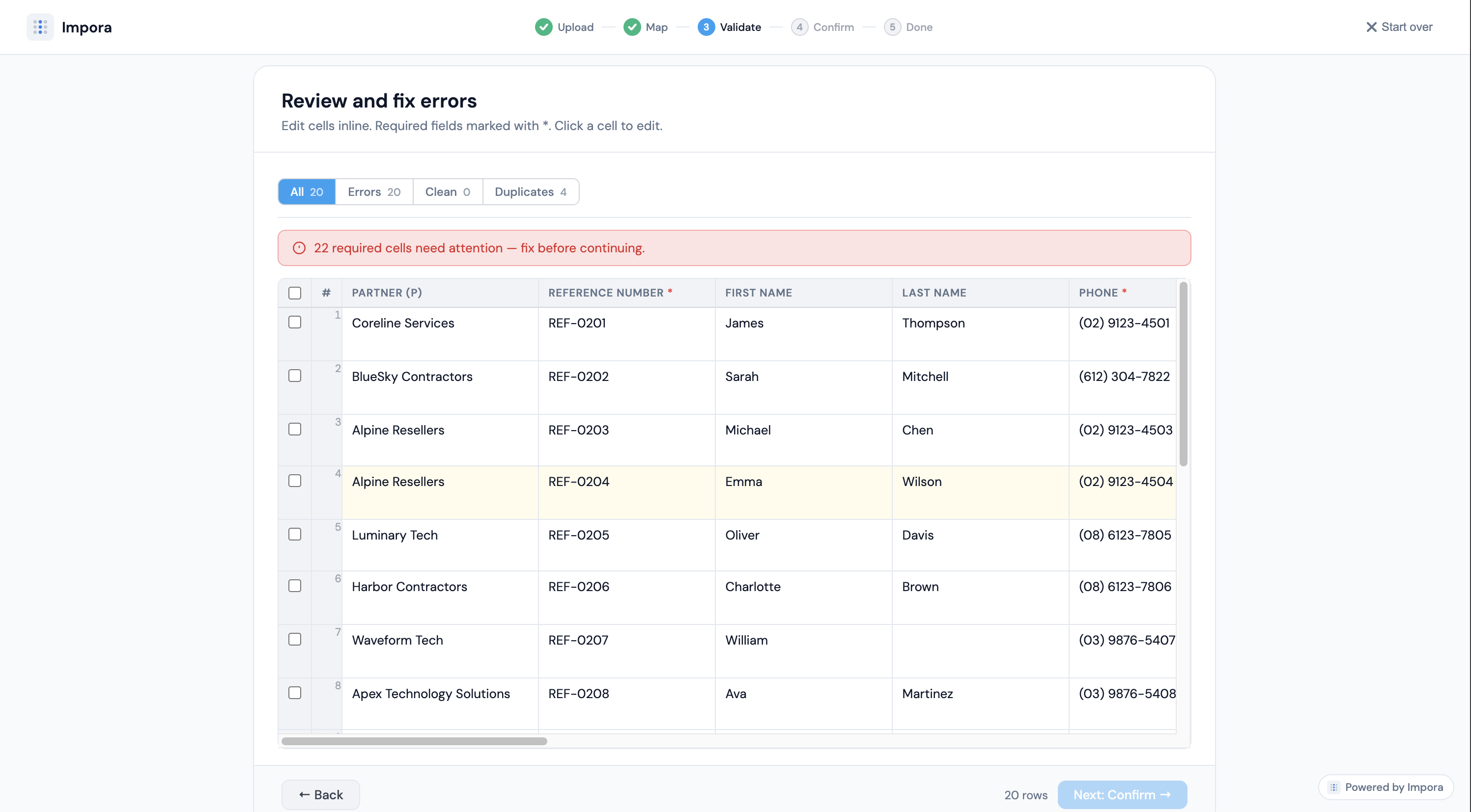 Impora validation review UI showing row checks, inline fixes, and linked record suggestions before Airtable import
